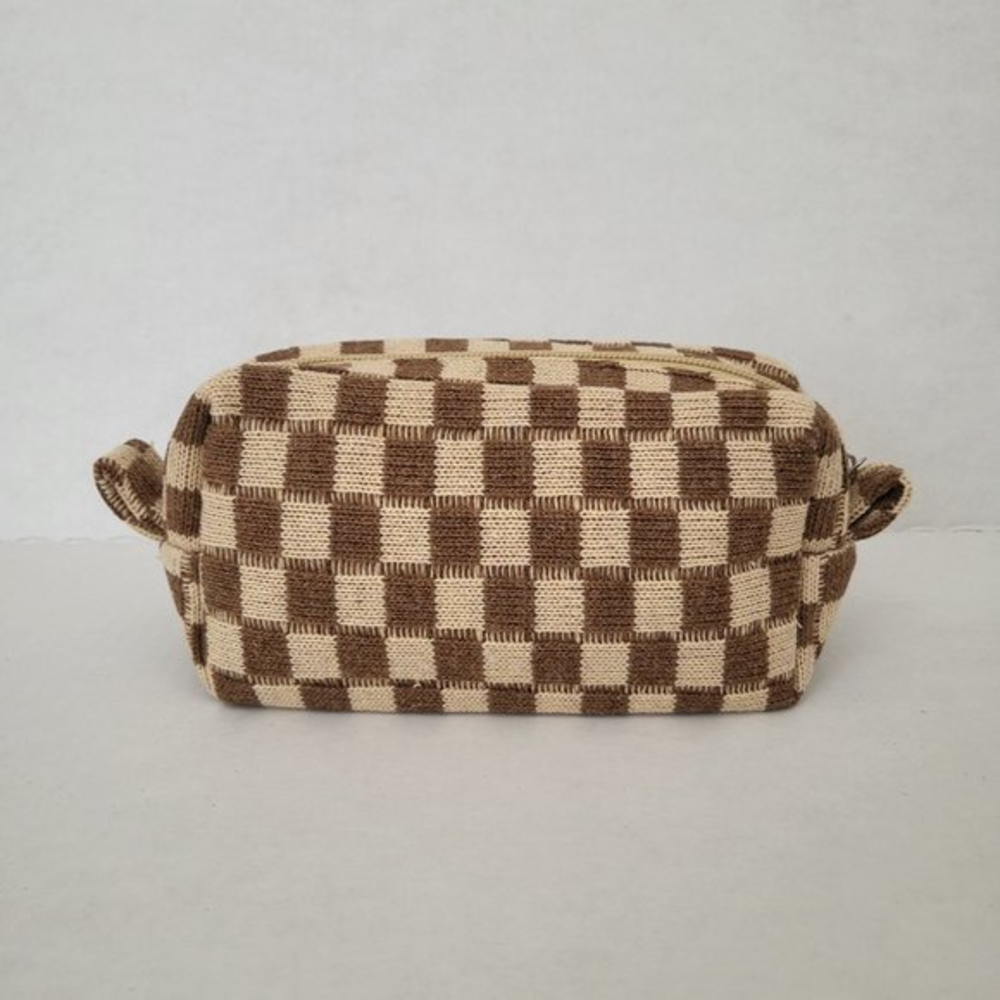 Checkered Print Cosmetic Make Up Beauty Bag in‎ Brown and Beige